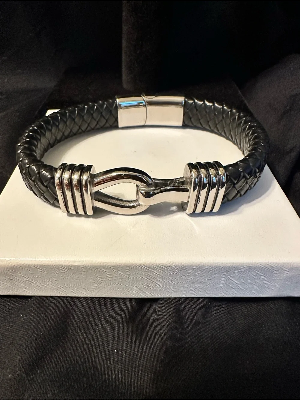 Jean Claude Black Braided Leather Men's Bracelet with Silver Hook Accent